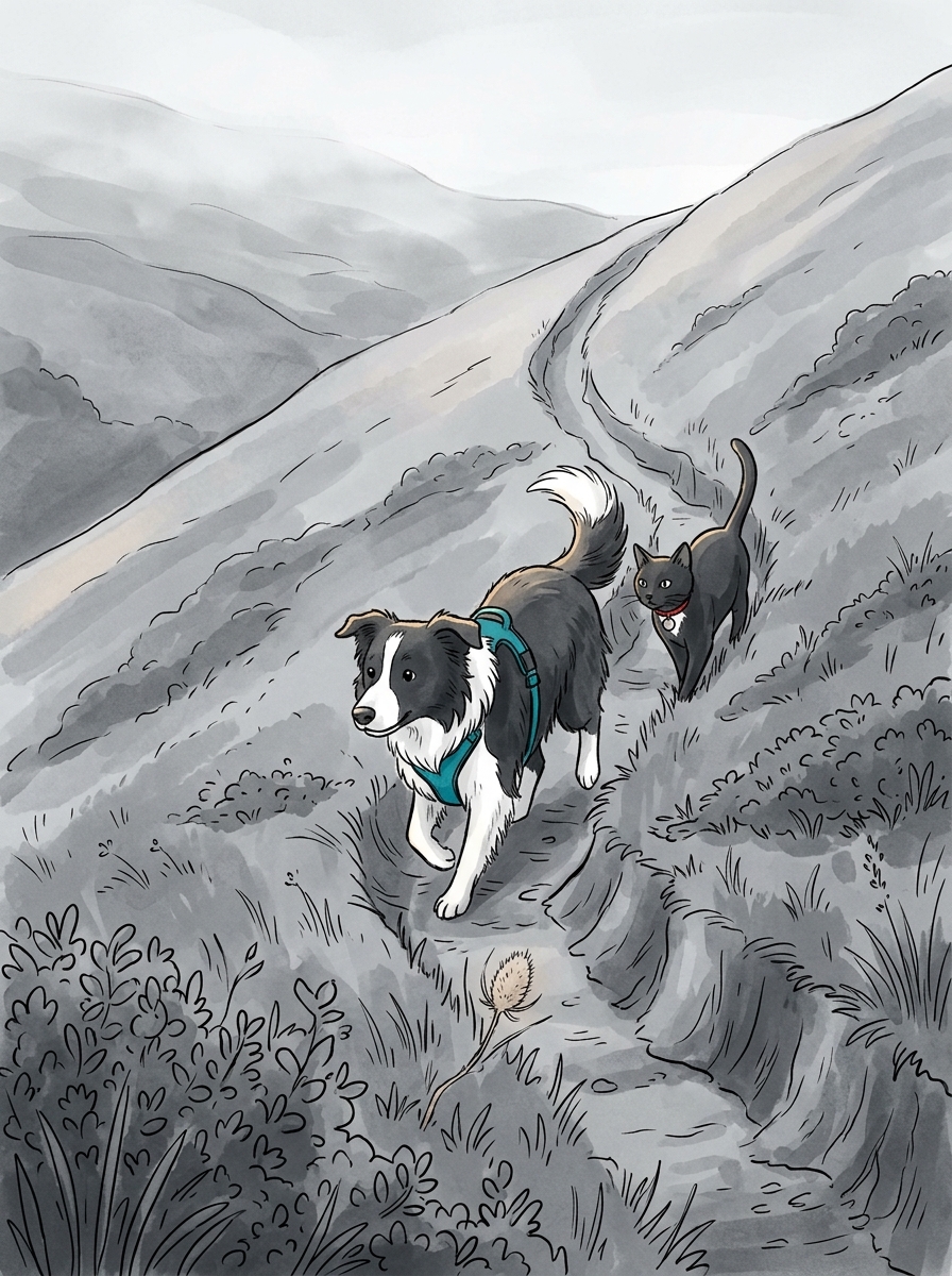 Max trots down a narrow sheep path cut deep into the emerald slope.