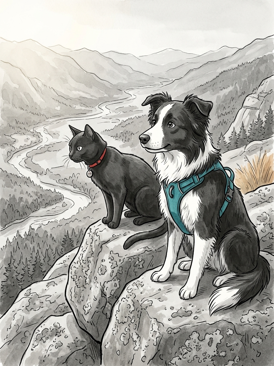 Perched on a lichen-covered boulder, Felix scans the valley floor with careful attention.