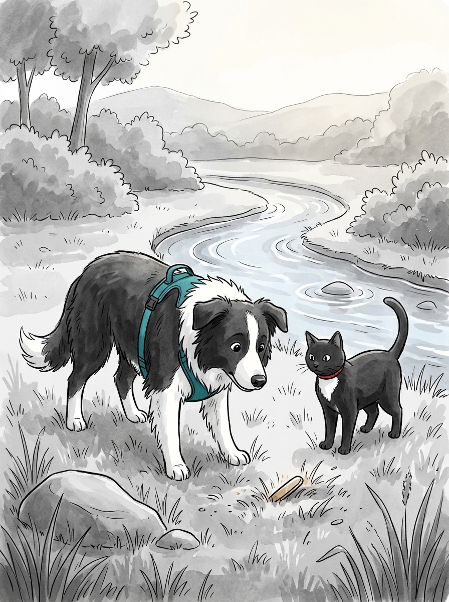 Near a babbling stream, Max stops abruptly as a glint of metal catches the light in the damp grass.