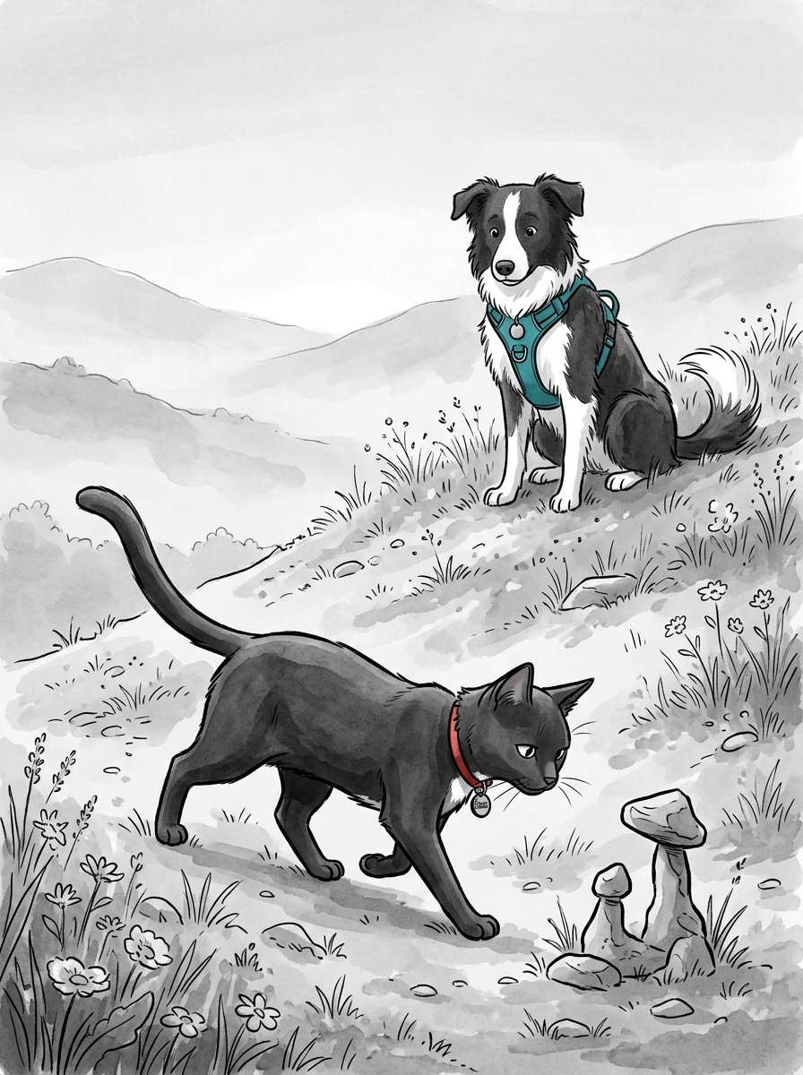 Felix trots quietly down the slope to inspect the discovery.