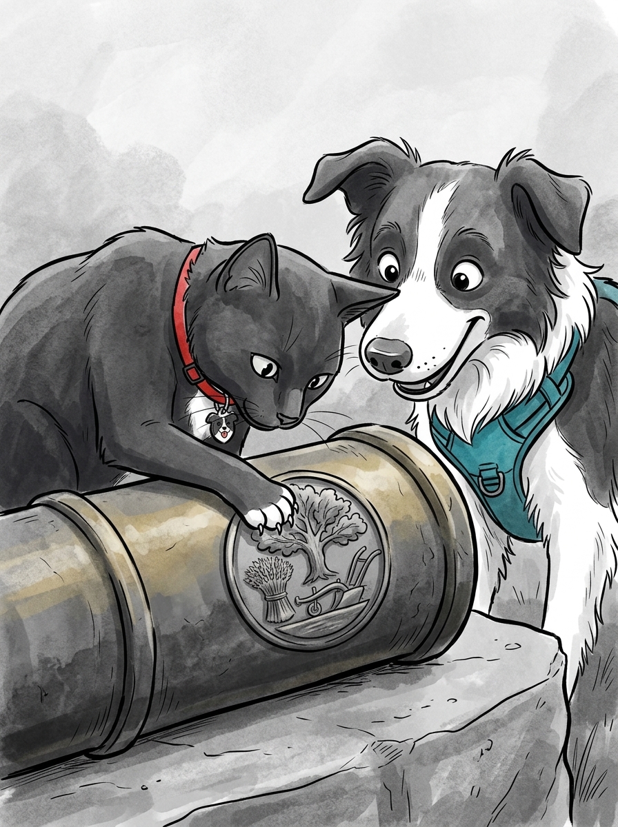 Felix carefully examines a carved mark on the brass casing, recognizing a local farm emblem.