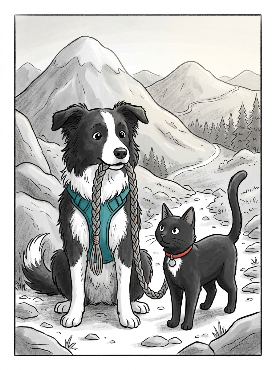 Max gently takes the braided wool lanyard in jaw, ready to head down the mountain.