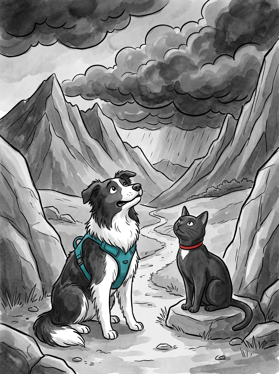 Dark rain clouds begin to gather over the peaks, darkening the valley path.