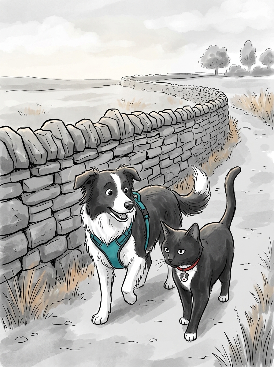 Felix chooses a sheltered lower route along a thick drystone boundary wall.