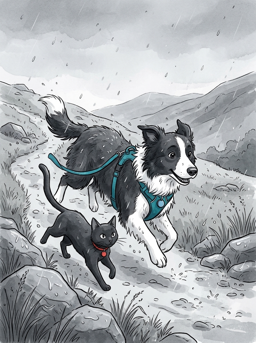 Scattered raindrops begin to fall as the pair quicken the pace down the final slope.