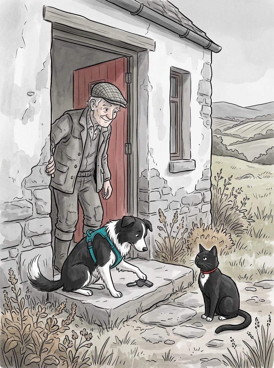 An elderly shepherd opens the red cottage door as Max places the whistle on the dry step.