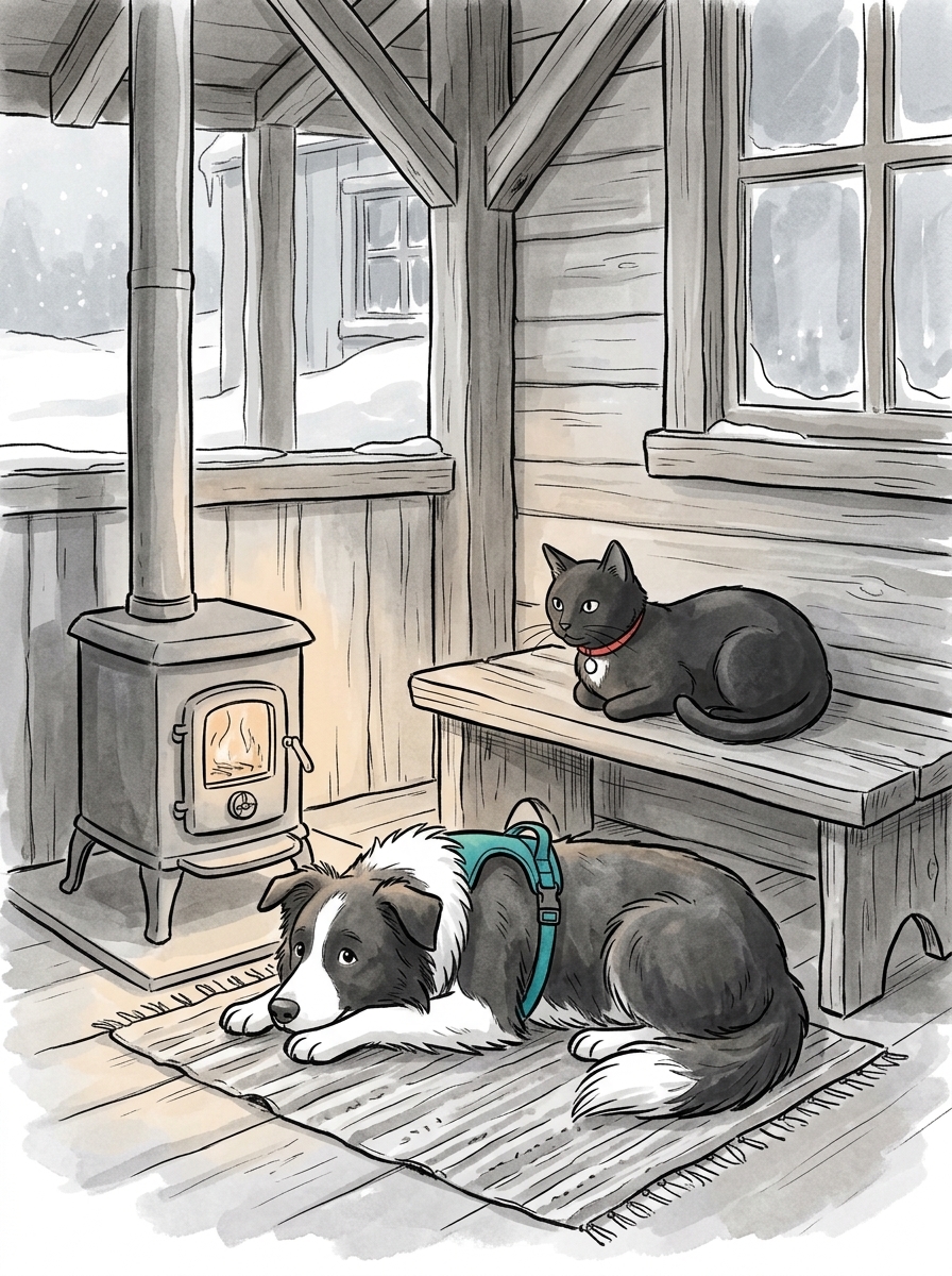 Warm inside the cottage porch, Max relaxes near the stove while Felix rests on a wooden bench.