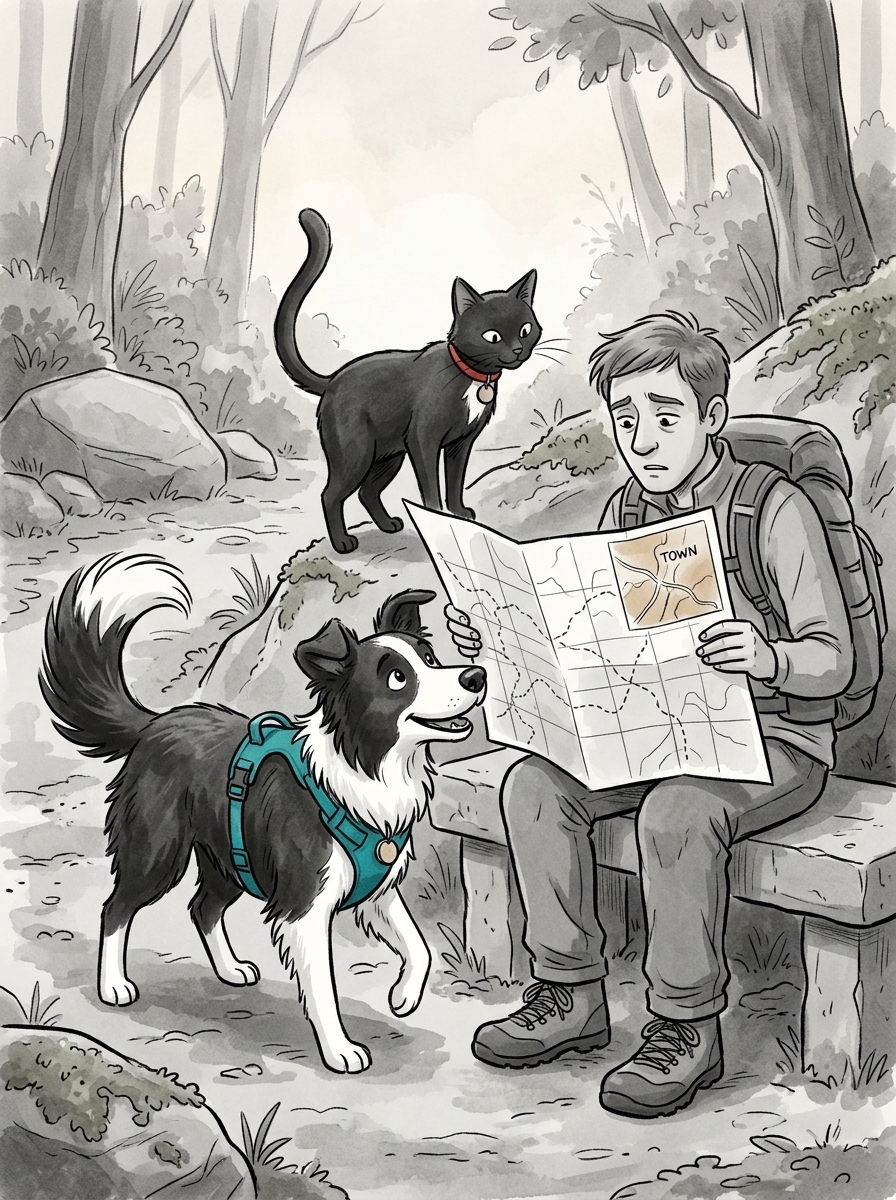 Near a stone bench, a weary hiker unfolded a large paper trail chart to double-check the route back to town.