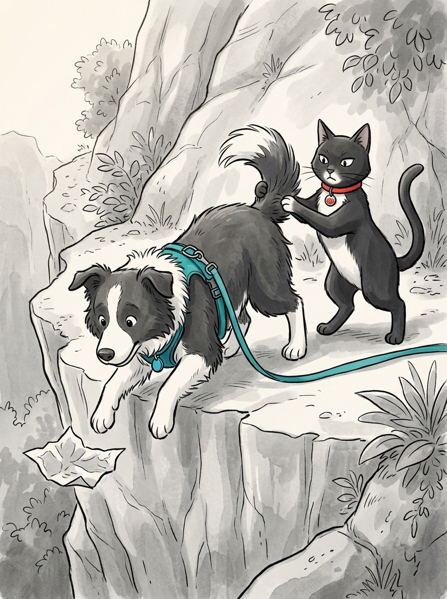 Max charged toward the ledge to grab the paper, but Felix swiftly caught his friend's tail with a watchful paw.