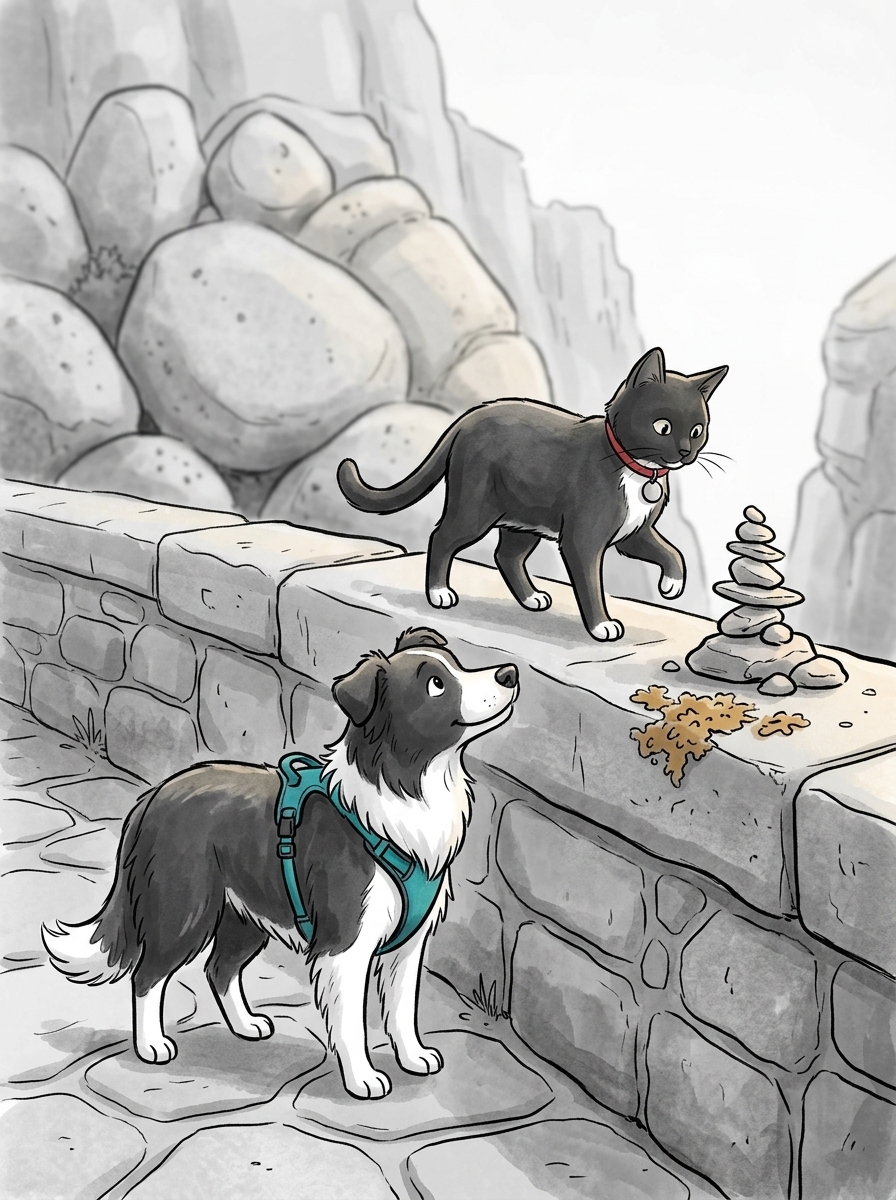 Stepping lightly onto the stone ledge, Felix delicate-toed his way around the base of the delicate rock pile.