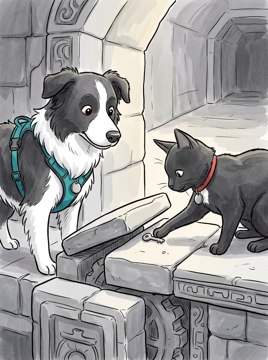 With a gentle tap of his front paw, Felix dislodged a tiny key pebble that held the heavier slab in place.