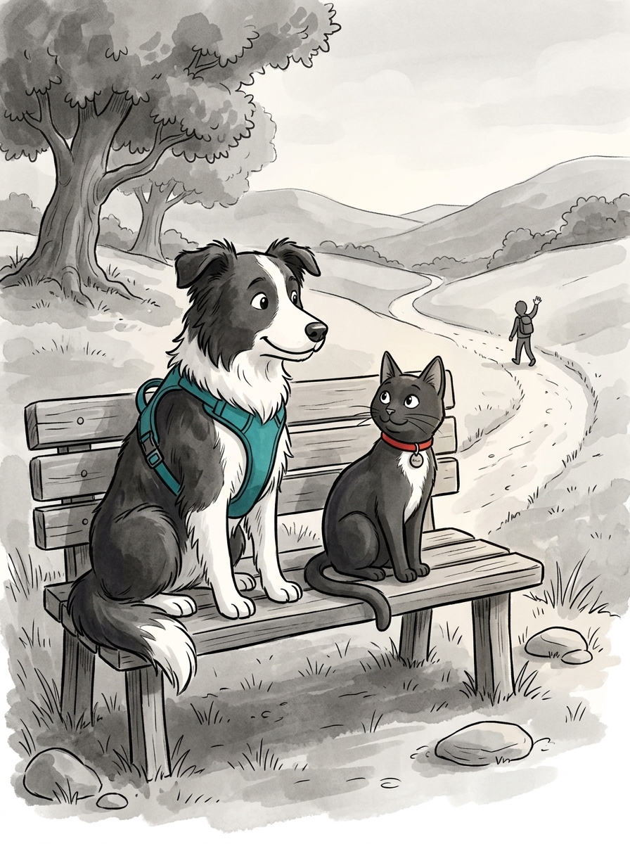 The relieved traveler waved goodbye and set off safely down the path, leaving Max and Felix sharing a peaceful moment on the bench.