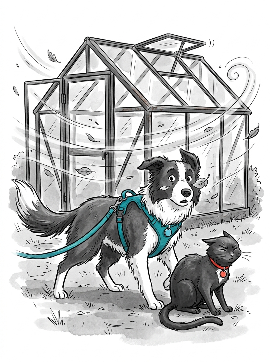 A powerful gust of wind rushes over the yard, forcing the greenhouse roof vent to snap open with a harsh metal clatter.
