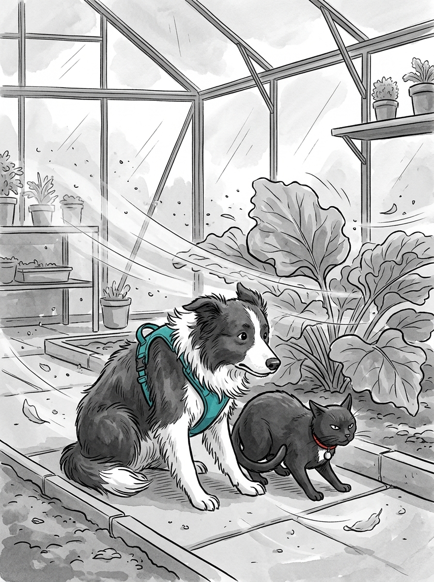 Inside the greenhouse, the blast of air buffets the broad leaves of a prize rhubarb patch growing on the lower floor.