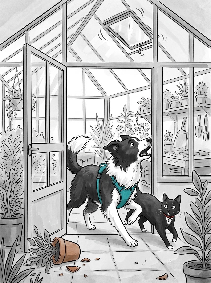 Max races straight into the greenhouse, barking in alarm at the clattering window overhead.