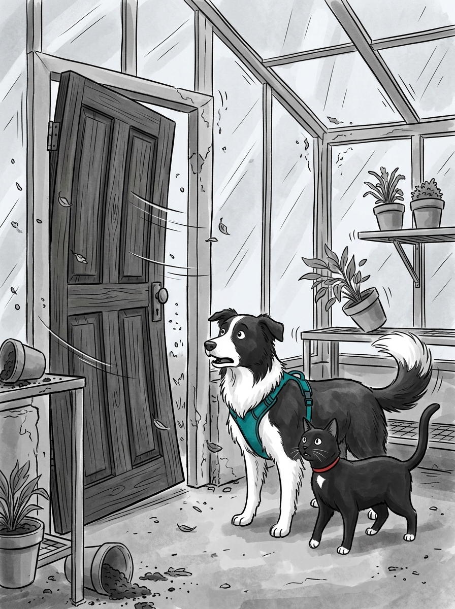 The heavy oak entry door swings violently in the wind, shaking the whole greenhouse frame.