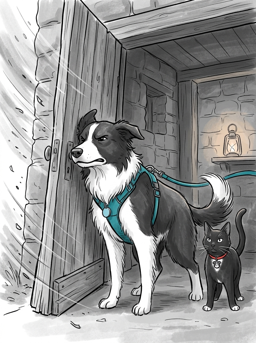 Max plants his shoulder firmly against the shaking doorframe to brace the structure against the gale.