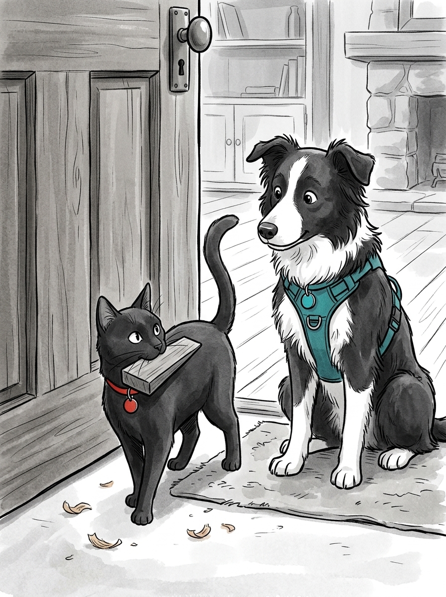 Felix slips inside, spots a heavy cedar wedge on the floor, and picks it up in his mouth.