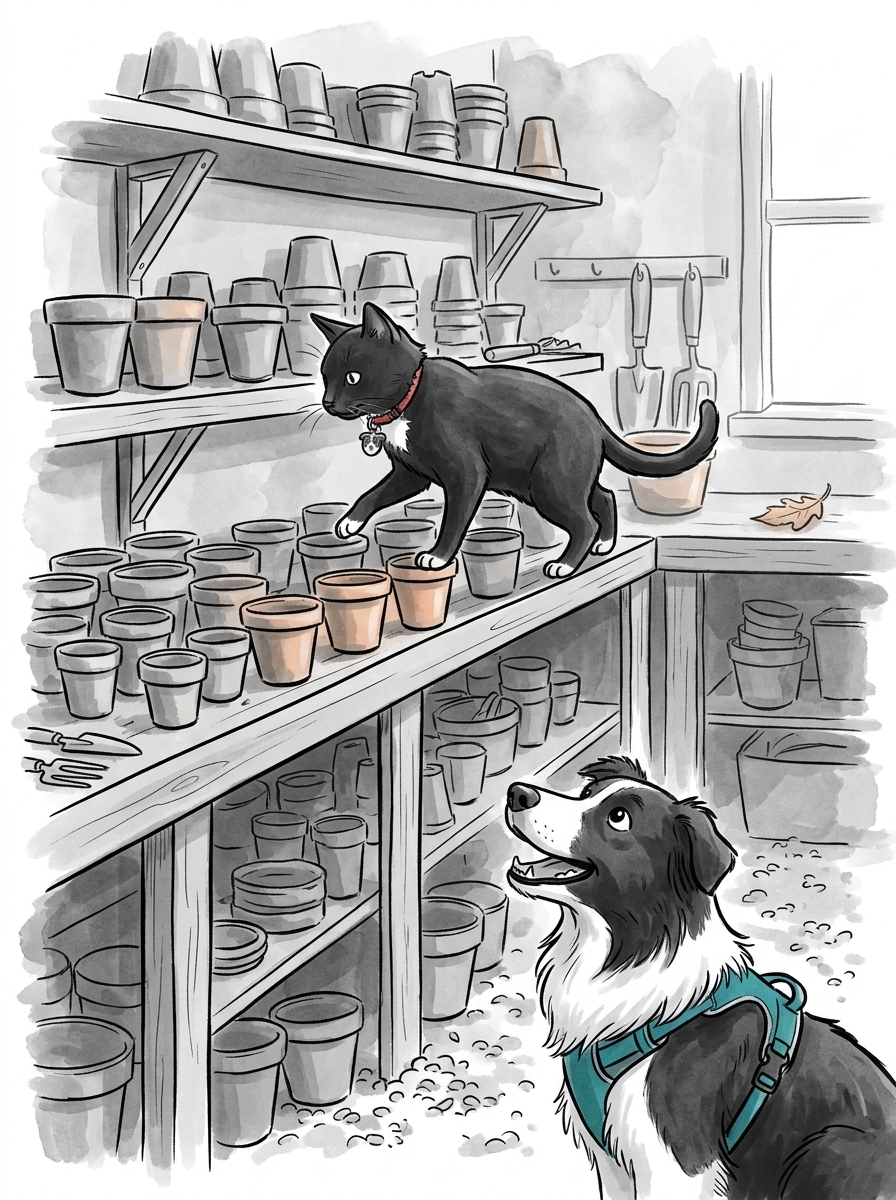 Felix scrambles up the staging shelves, stepping carefully between delicate flowerpots.