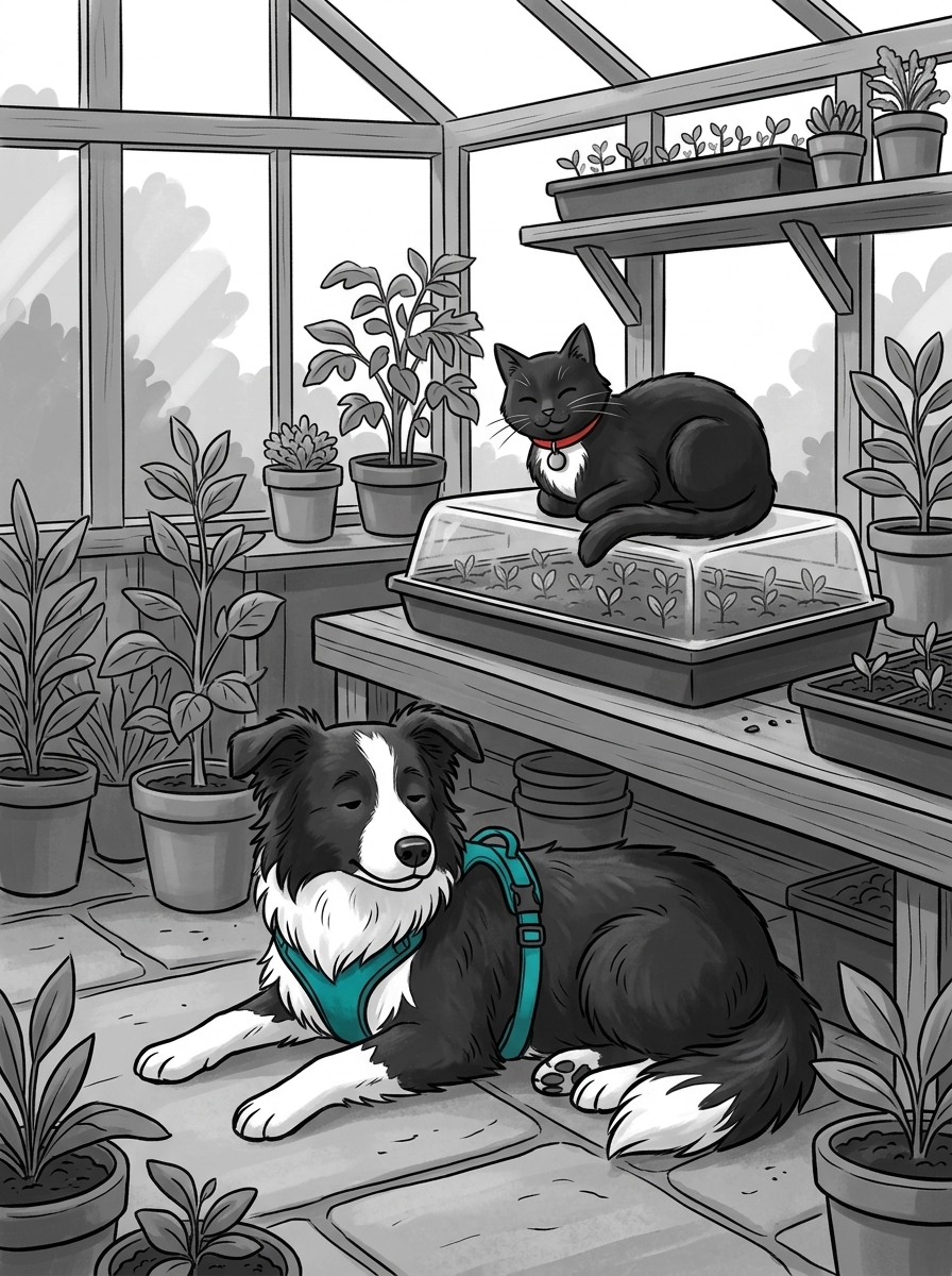 The greenhouse grows quiet as Max relaxes his stance and Felix settles atop a warm seed tray.